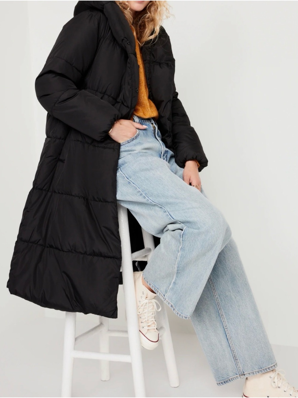Old Navy Black Long Hooded Puffer Coat